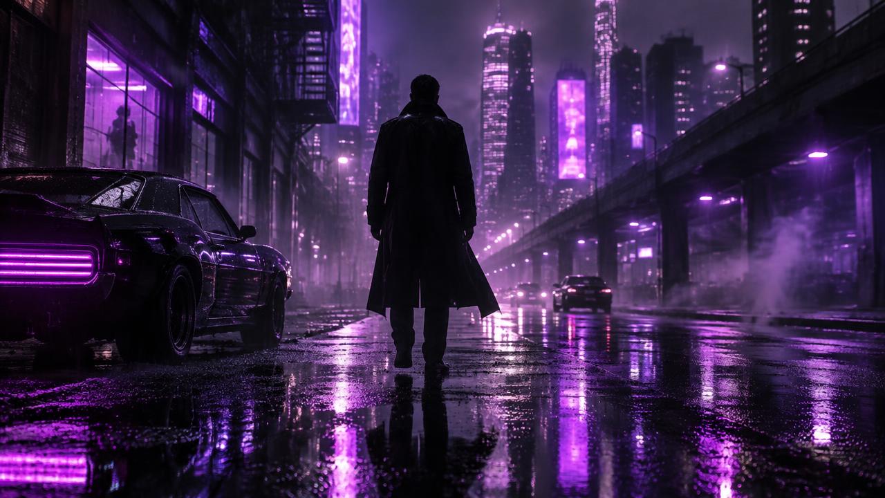 Rue néon sous la pluie, format cinéma 16:9